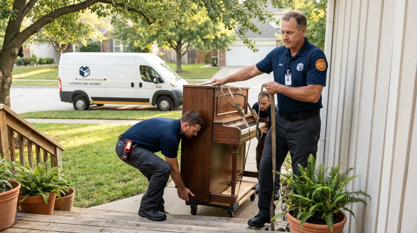 Licensed piano movers securing grand piano in Easton, MD