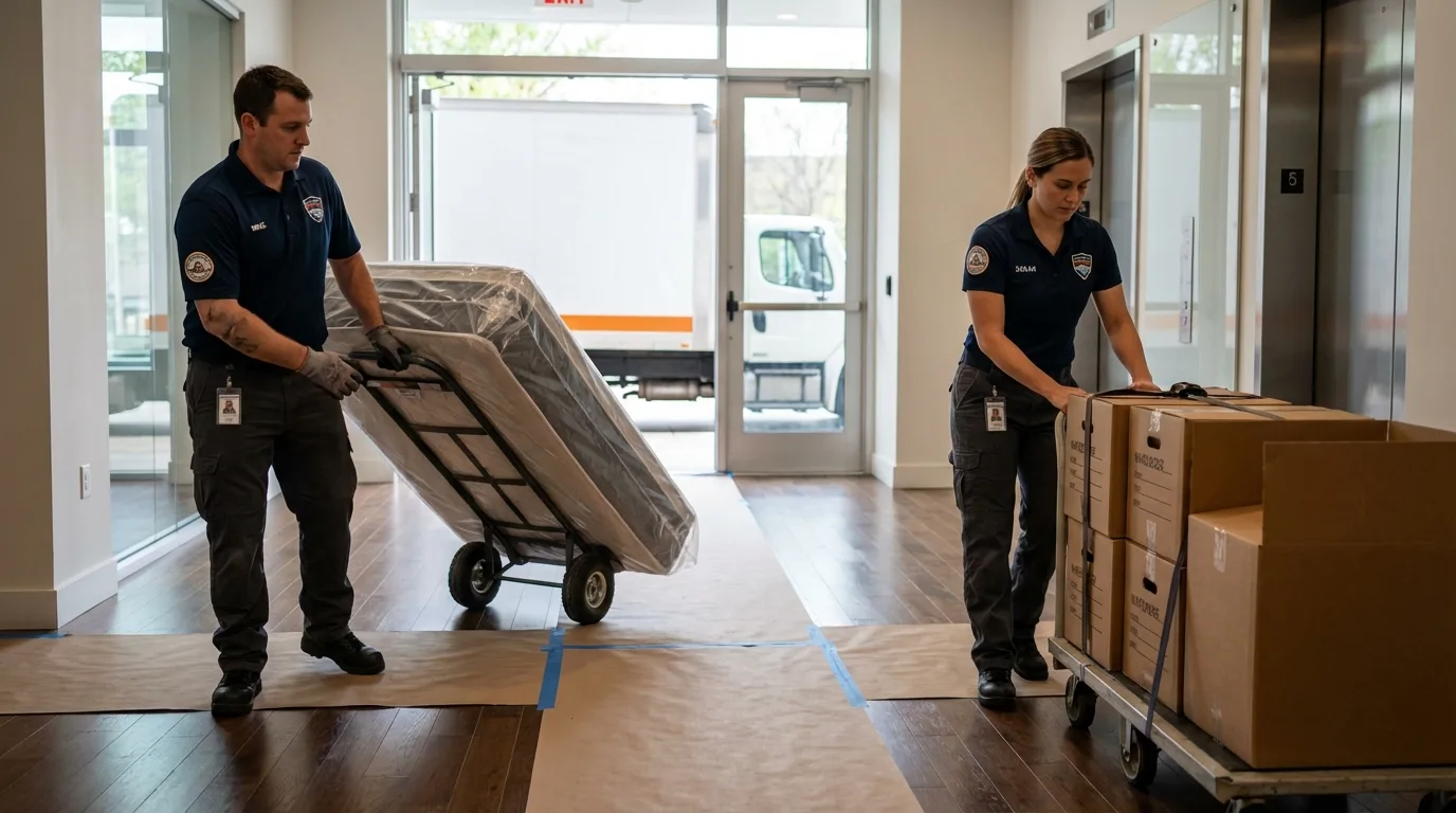 Professional apartment movers loading elevator in Easton, MD