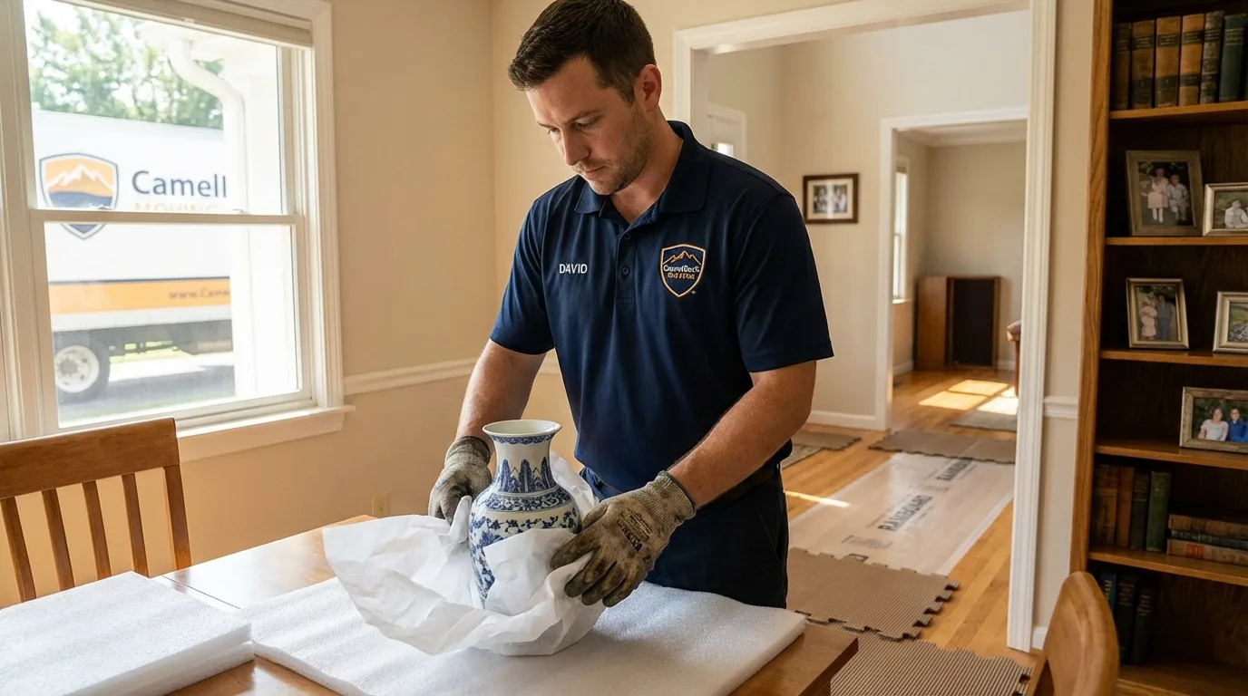 Professional crew carefully wrapping antique vase for senior downsizing move in Easton, MD